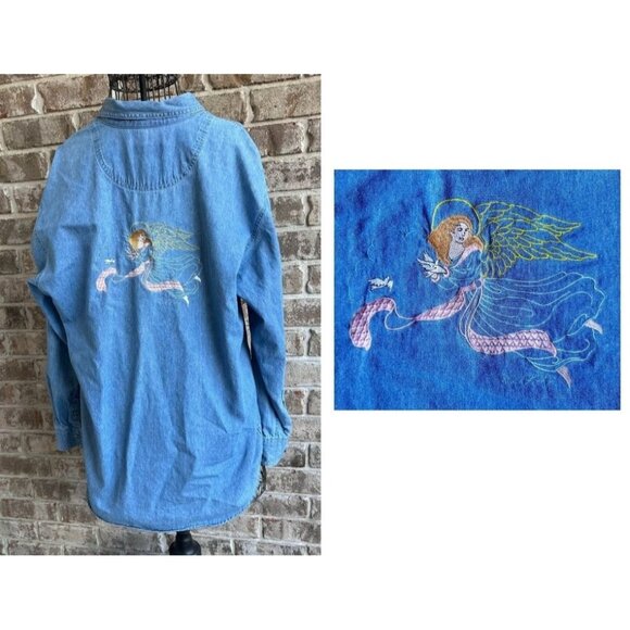 VTG Fox Hill Angel Button Down Denim Shirt Medium Embroidered Long Sleeves READ - Picture 1 of 12